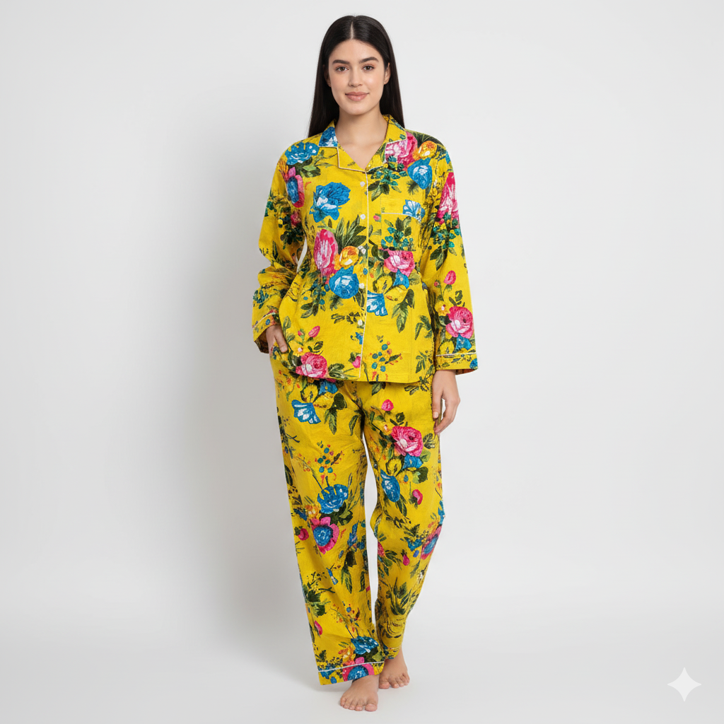 Women Multi Floral Summer Yellow Sleepwear Cotton Soft Night wear Lightweight Top-Pajama set