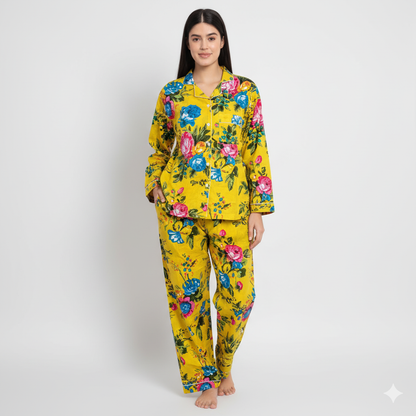 Women Multi Floral Summer Yellow Sleepwear Cotton Soft Night wear Lightweight Top-Pajama set