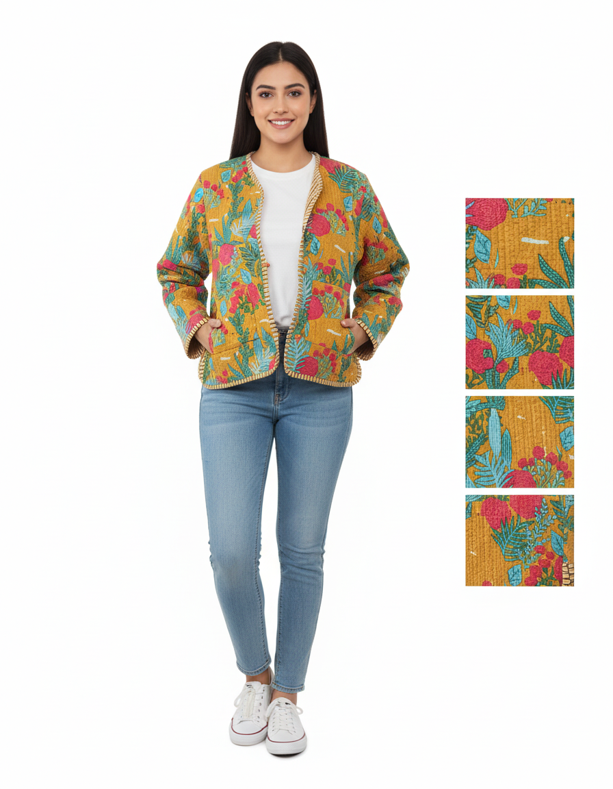Lightweight Cotton Forest Print Floral Quilted Short Jacket Mustard Women Biker Jacket Perfect for Winter wear