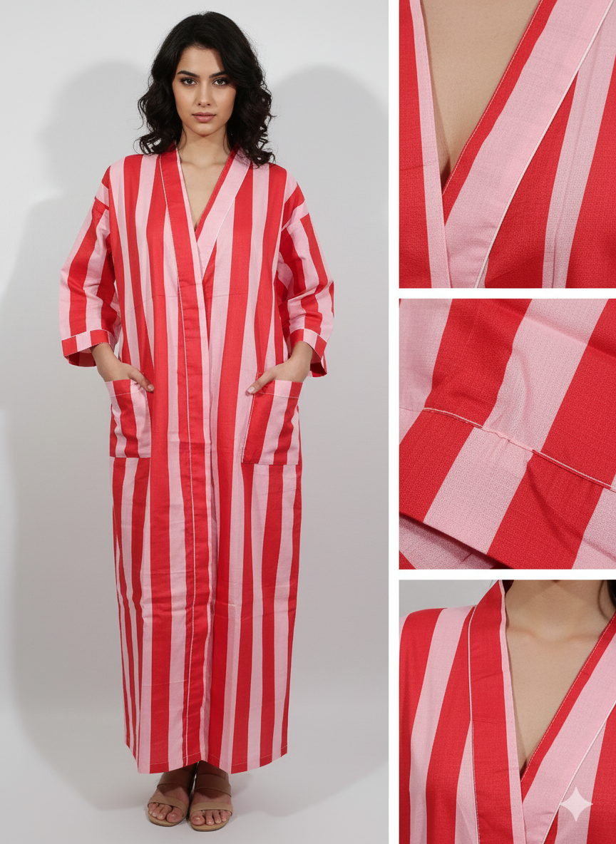 Stripe Print Bathrobe Cotton Kimono Robe Women Beach wear Red Ethnic Summer Beach Cover up
