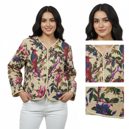 Lightweight Cotton Bird Print Floral Beige Quilted Short Jacket Women Biker Jacket Perfect for Winter wear