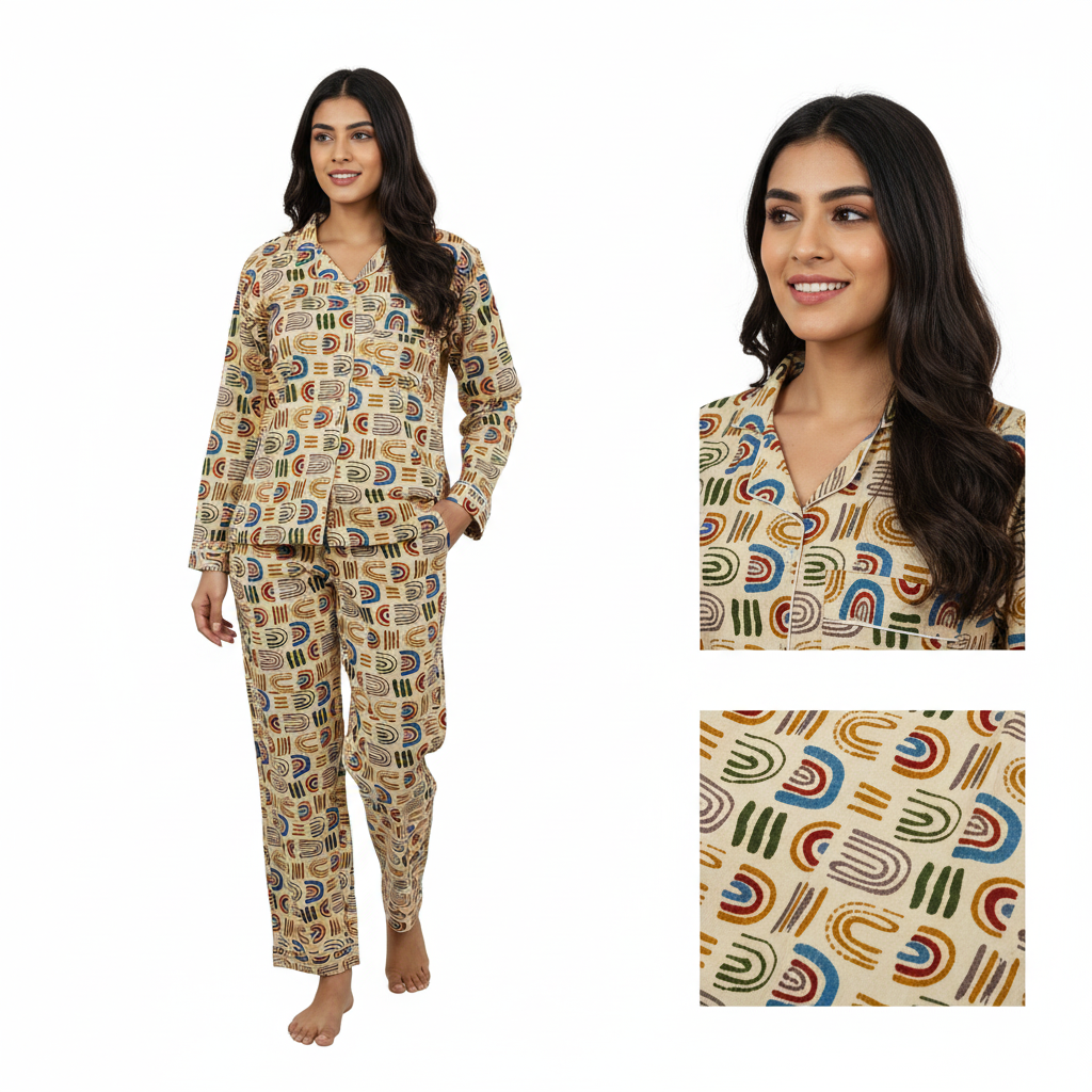 Women Gypsy Floral Geometric Print Summer Sleepwear Cotton Beige Night wear Top-Pajama set