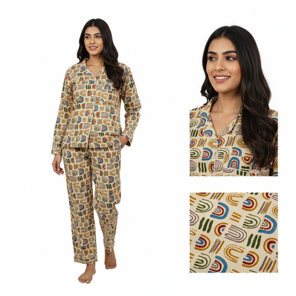 Women Gypsy Floral Geometric Print Summer Sleepwear Cotton Beige Night wear Top-Pajama set