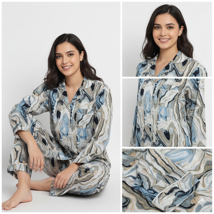 Women Abstract Summer Sleepwear Gypsy Cotton Blue Night wear Top-Pajama set