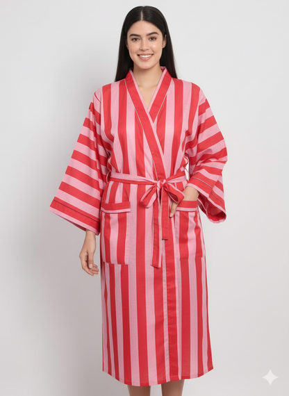 Stripe Print Bathrobe Cotton Kimono Robe Women Beach wear Red Ethnic Summer Beach Cover up