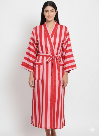Stripe Print Bathrobe Cotton Kimono Robe Women Beach wear Red Ethnic Summer Beach Cover up