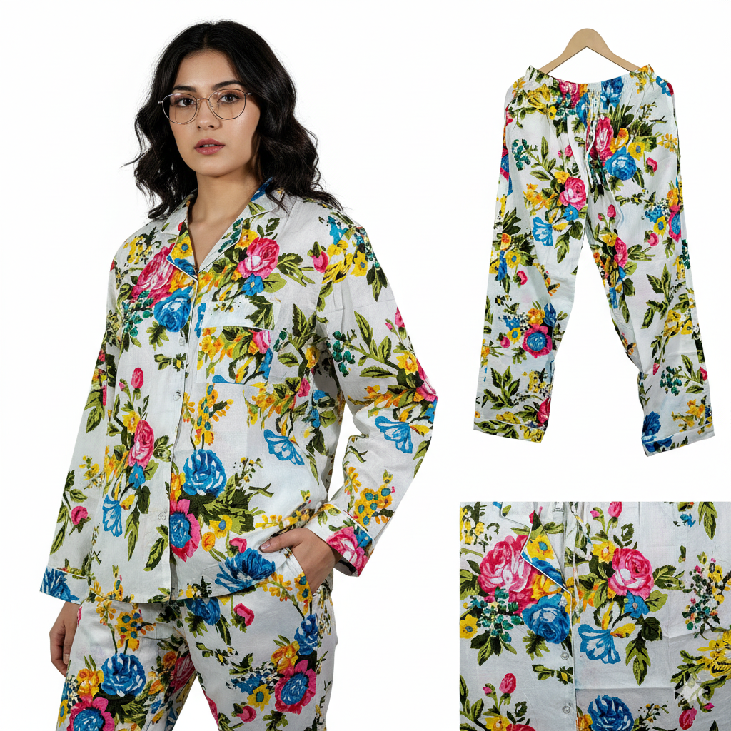 Women Lightweight Multi Floral Summer Sleepwear Cotton Soft White Night wear Top-Pajama set