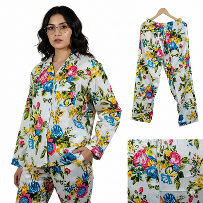 Women Lightweight Multi Floral Summer Sleepwear Cotton Soft White Night wear Top-Pajama set