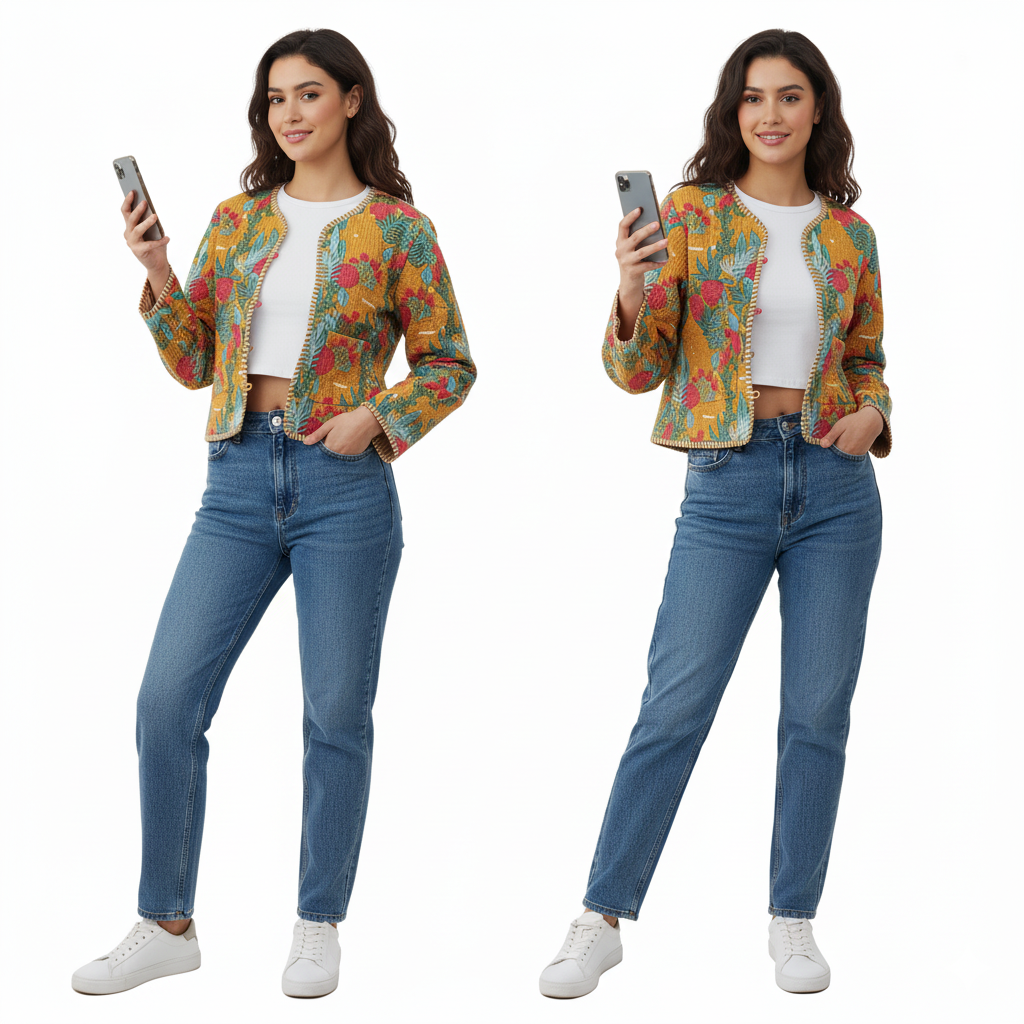 Lightweight Cotton Forest Print Floral Quilted Short Jacket Mustard Women Biker Jacket Perfect for Winter wear