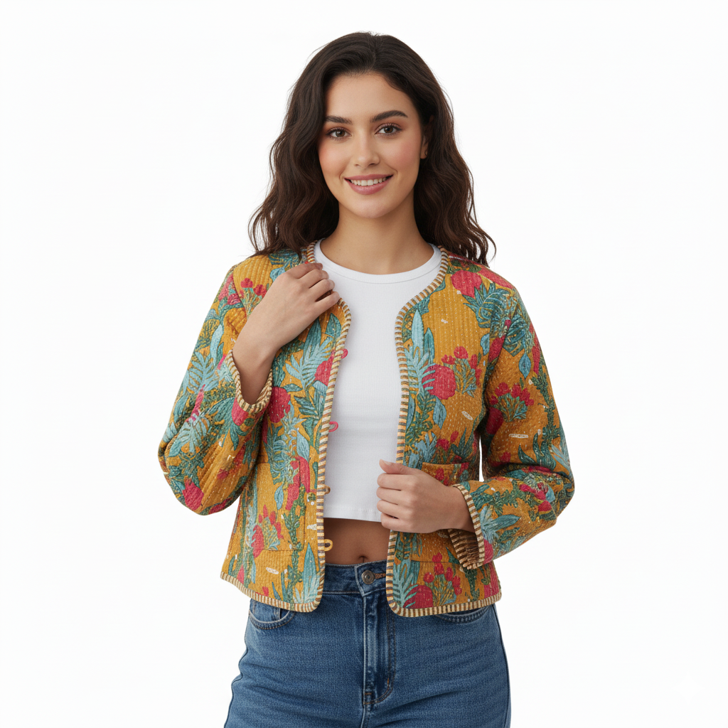 Lightweight Cotton Forest Print Floral Quilted Short Jacket Mustard Women Biker Jacket Perfect for Winter wear