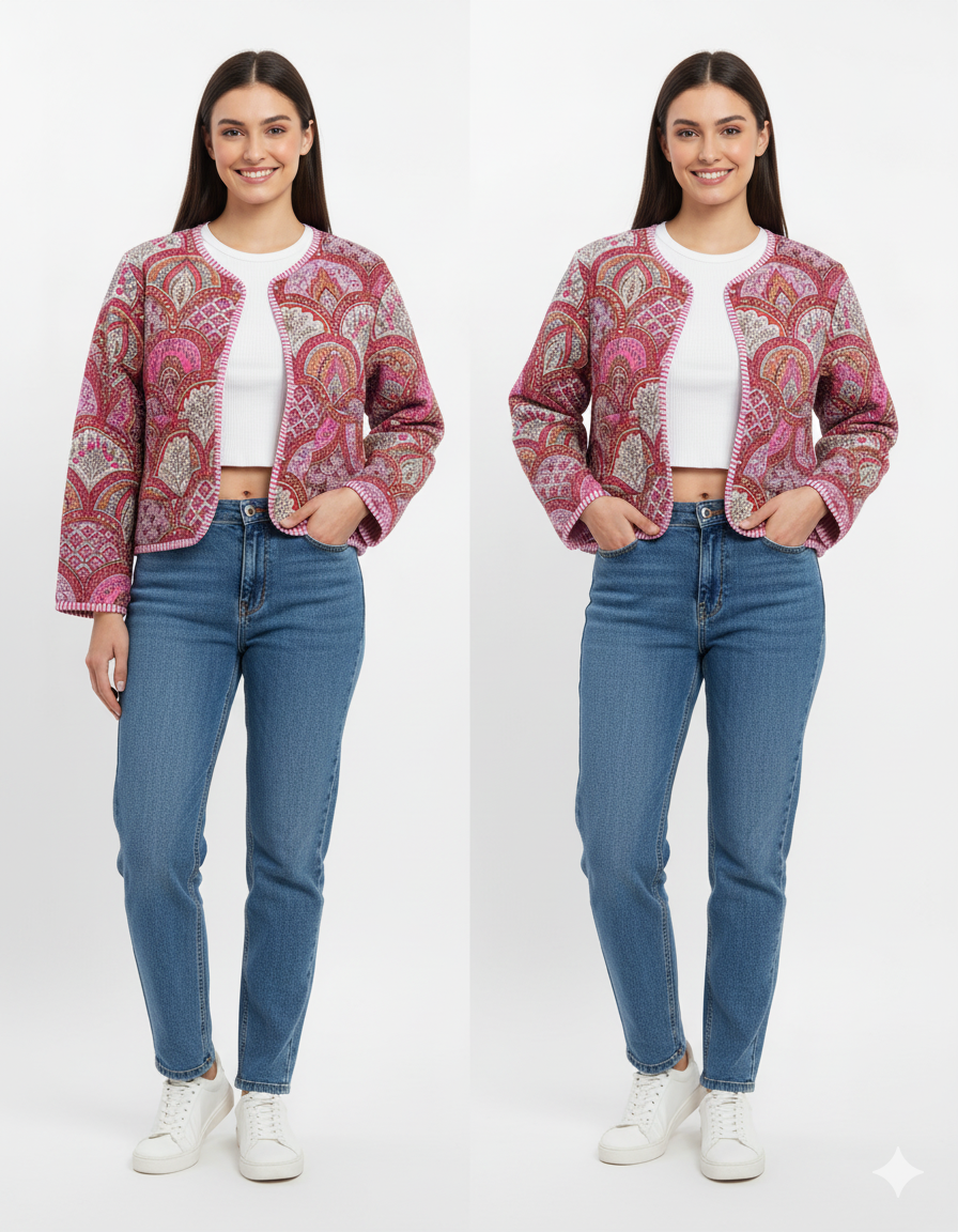 Lightweight Cotton Abstract Print Floral Pink Quilted Short Jacket Women Biker Jacket Perfect for Winter wear