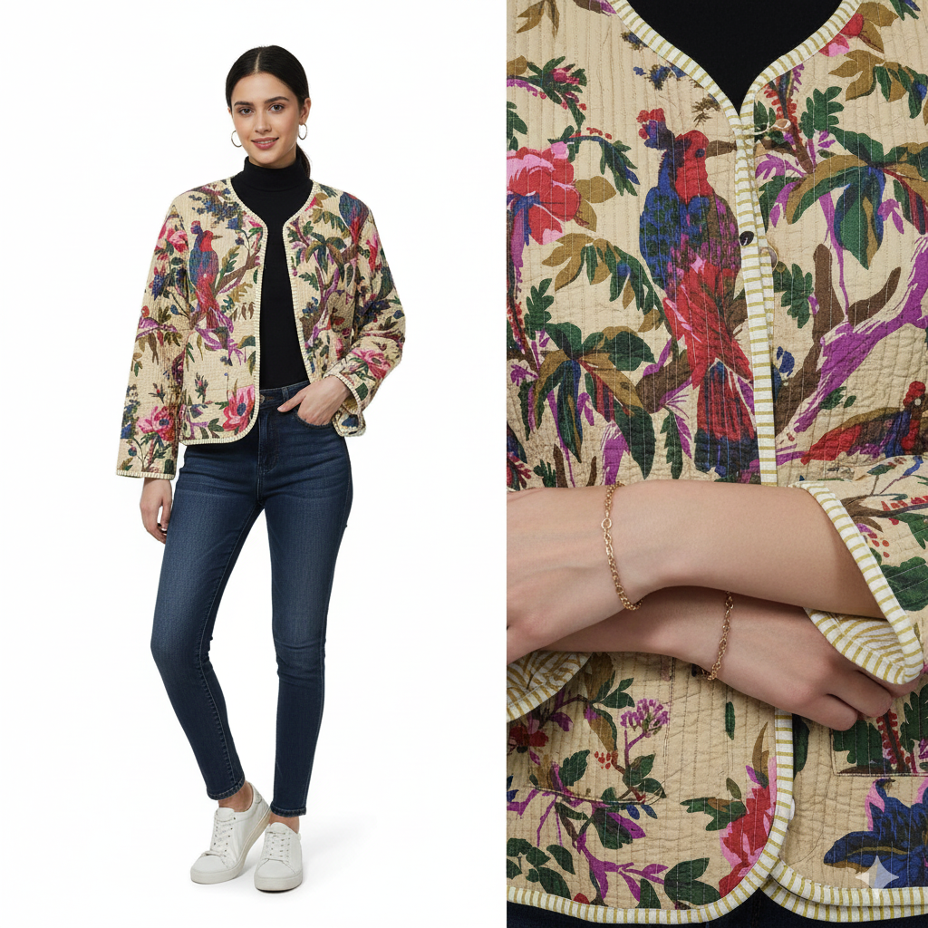 Lightweight Cotton Bird Print Floral Beige Quilted Short Jacket Women Biker Jacket Perfect for Winter wear