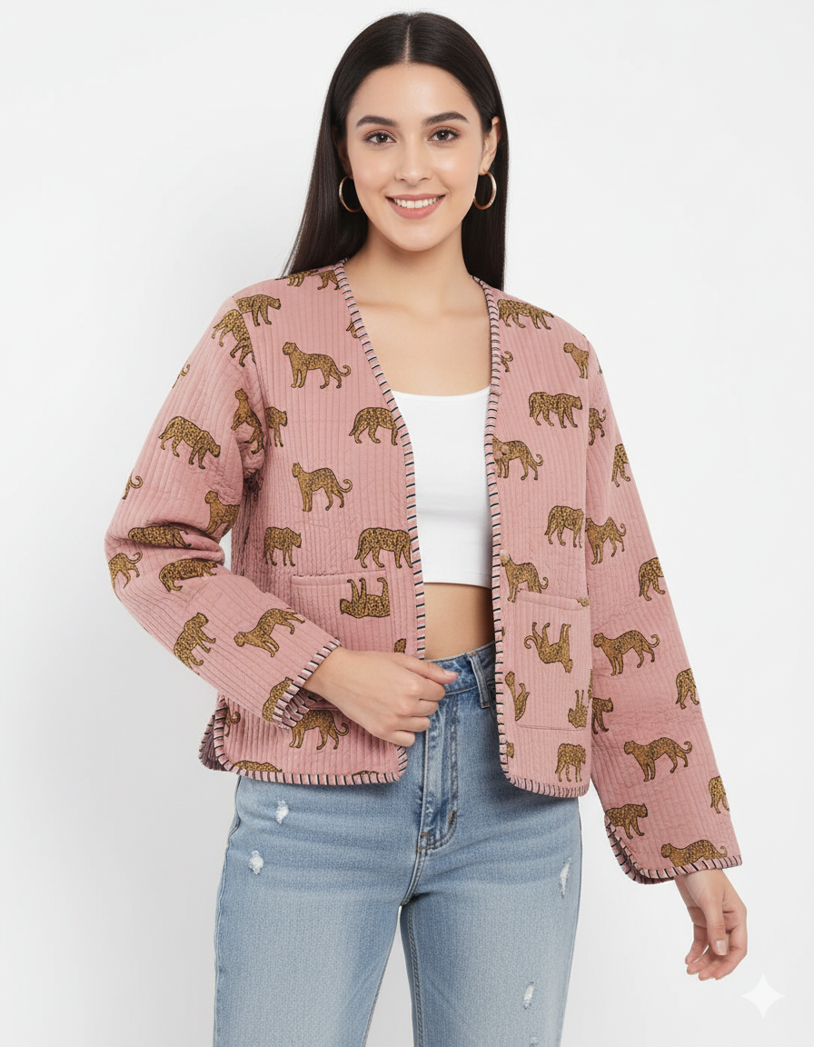 Cotton Leopard Print Quilted Short Jacket Peach Women Lightweight Biker Jacket Perfect for Winter wear