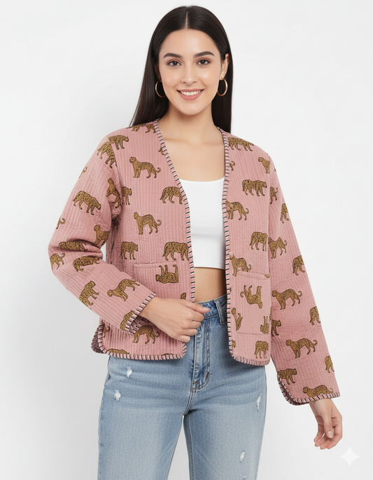 Cotton Leopard Print Quilted Short Jacket Peach Women Lightweight Biker Jacket Perfect for Winter wear