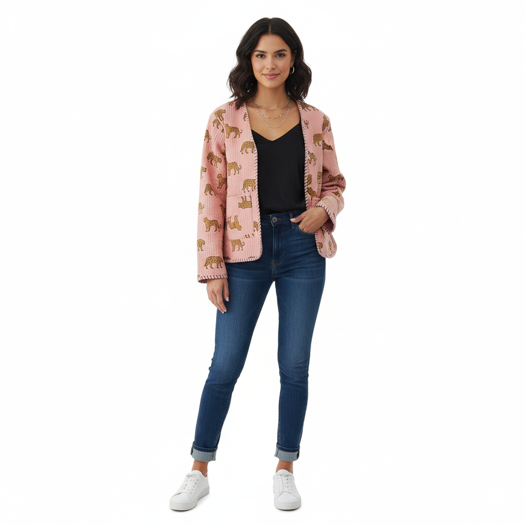 Cotton Leopard Print Quilted Short Jacket Peach Women Lightweight Biker Jacket Perfect for Winter wear