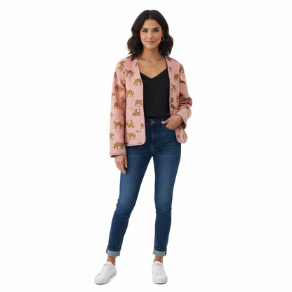 Cotton Leopard Print Quilted Short Jacket Peach Women Lightweight Biker Jacket Perfect for Winter wear