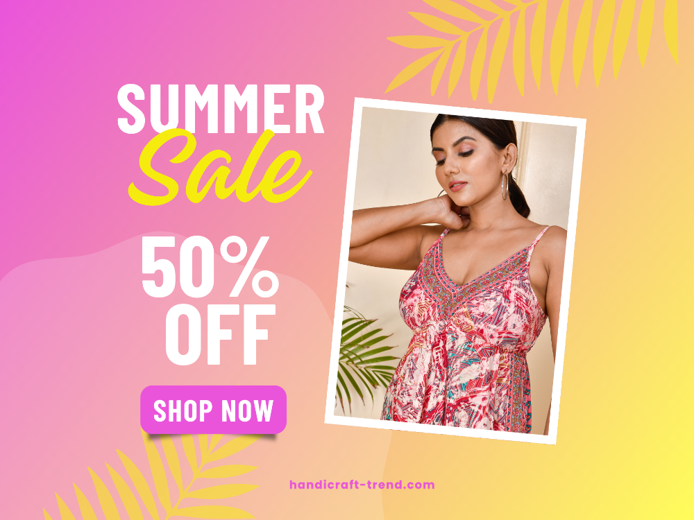 Summer sale advertisement with a woman in a floral dress on a pink and yellow background.