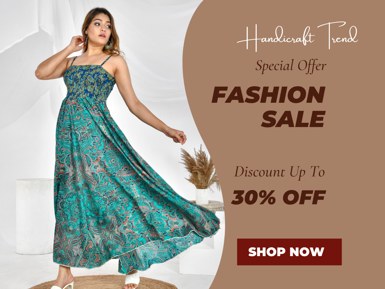 Woman in a floral dress with a fashion sale advertisement on a brown background