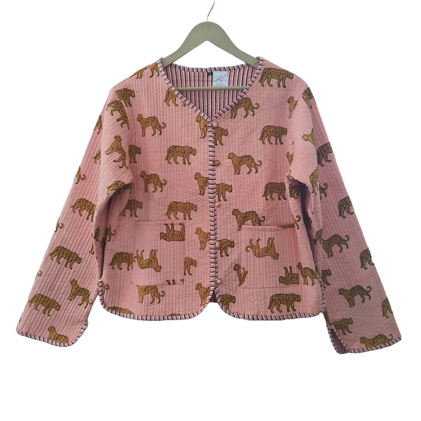 Cotton Leopard Print Quilted Short Jacket Peach Women Lightweight Biker Jacket Perfect for Winter wear