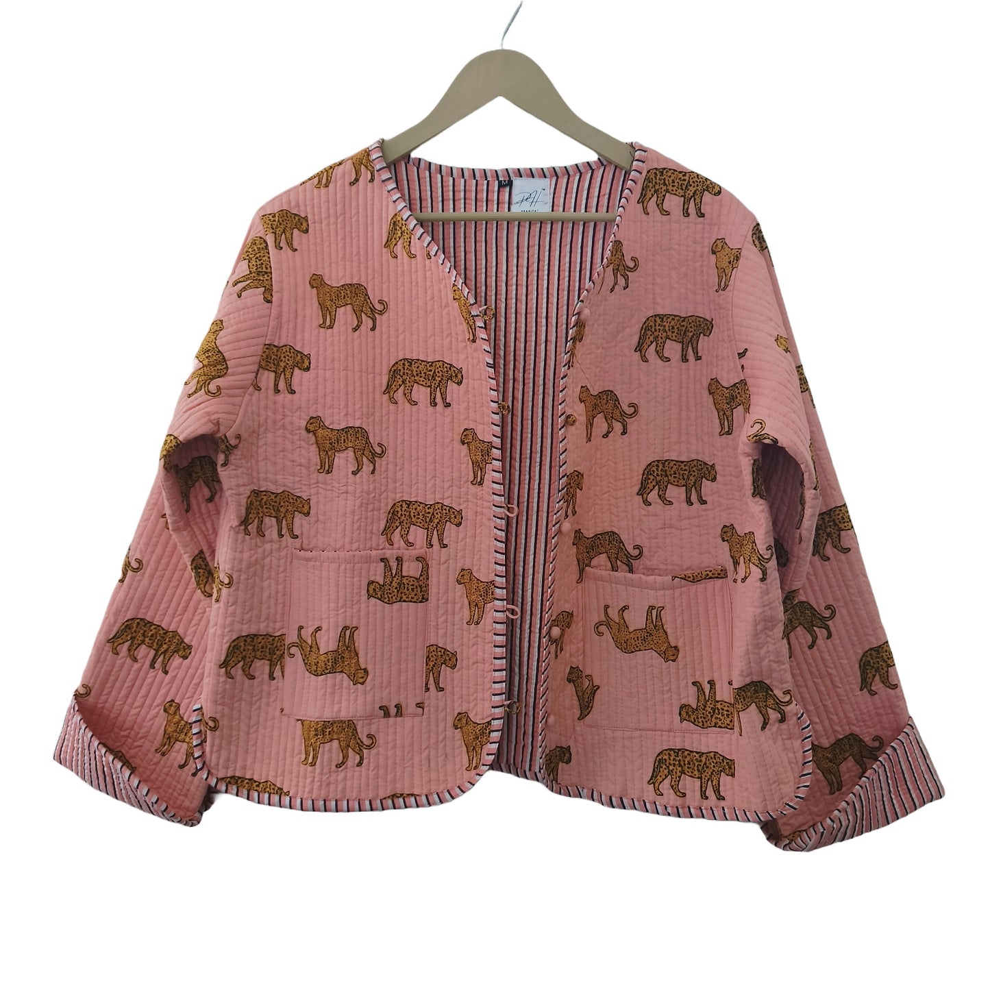 Cotton Leopard Print Quilted Short Jacket Peach Women Lightweight Biker Jacket Perfect for Winter wear