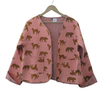 Cotton Leopard Print Quilted Short Jacket Peach Women Lightweight Biker Jacket Perfect for Winter wear