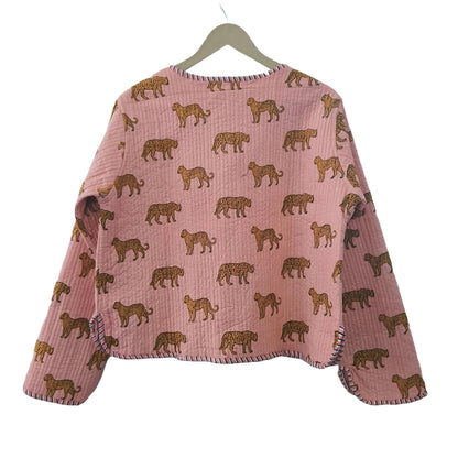 Cotton Leopard Print Quilted Short Jacket Peach Women Lightweight Biker Jacket Perfect for Winter wear