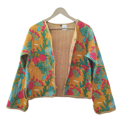 Lightweight Cotton Forest Print Floral Quilted Short Jacket Mustard Women Biker Jacket Perfect for Winter wear