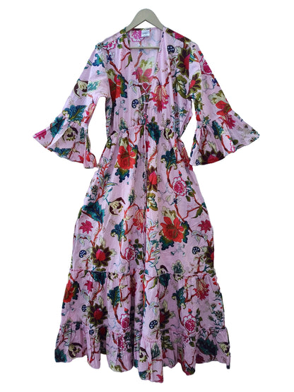 Indian Cotton Floral Print beach Cover up Pink Blouson Summer Party Wear Dress - Handicraft Trend