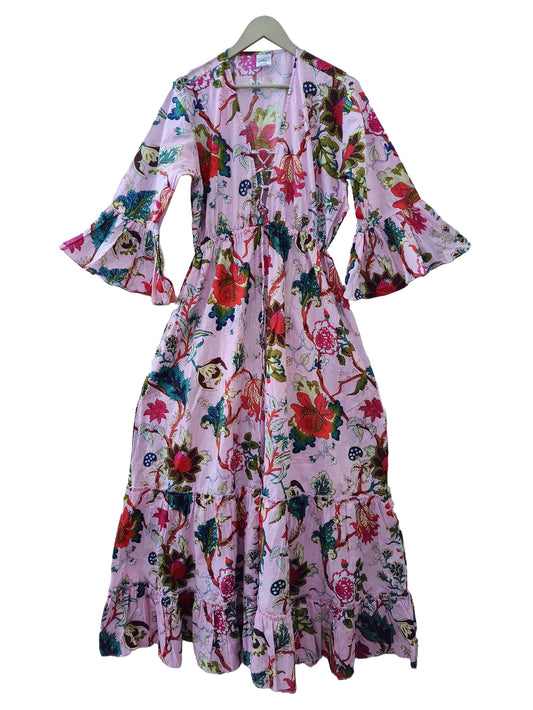 Indian Cotton Floral Print beach Cover up Pink Blouson Summer Party Wear Dress - Handicraft Trend