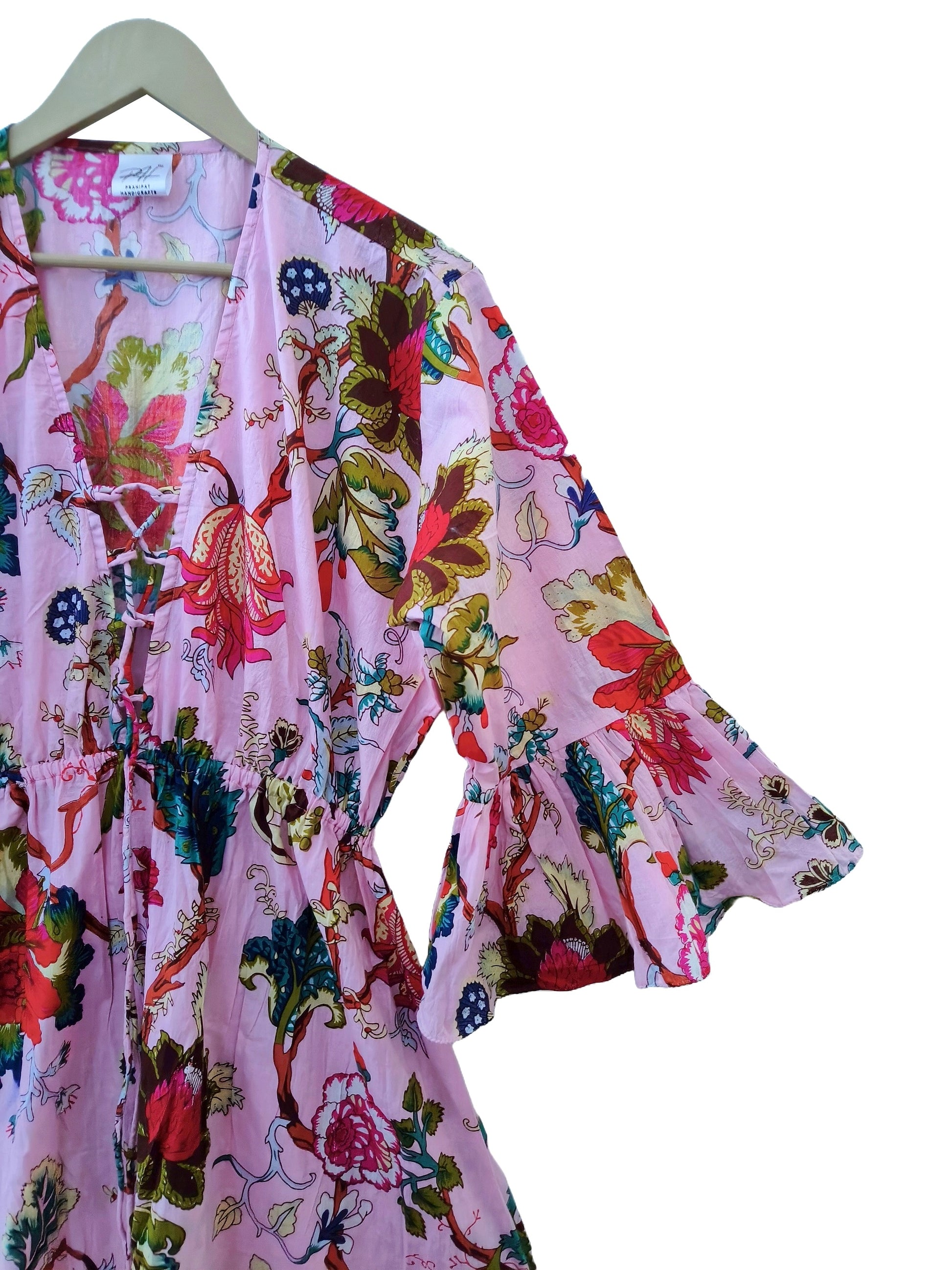 Indian Cotton Floral Print beach Cover up Pink Blouson Summer Party Wear Dress - Handicraft Trend