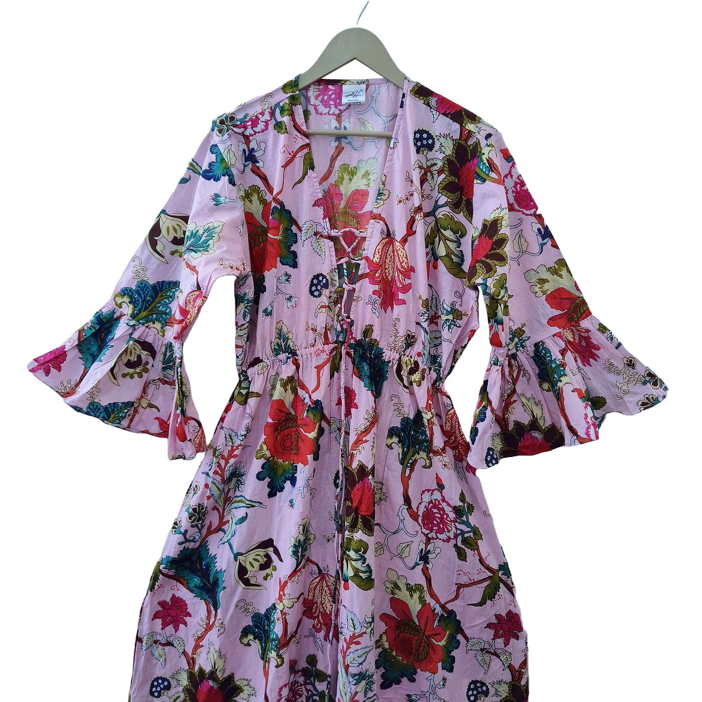 Indian Cotton Floral Print beach Cover up Pink Blouson Summer Party Wear Dress - Handicraft Trend