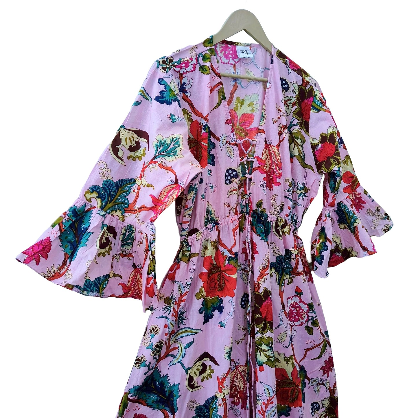 Indian Cotton Floral Print beach Cover up Pink Blouson Summer Party Wear Dress - Handicraft Trend