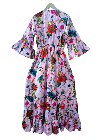 Indian Cotton Floral Print beach Cover up Pink Blouson Summer Party Wear Dress - Handicraft Trend