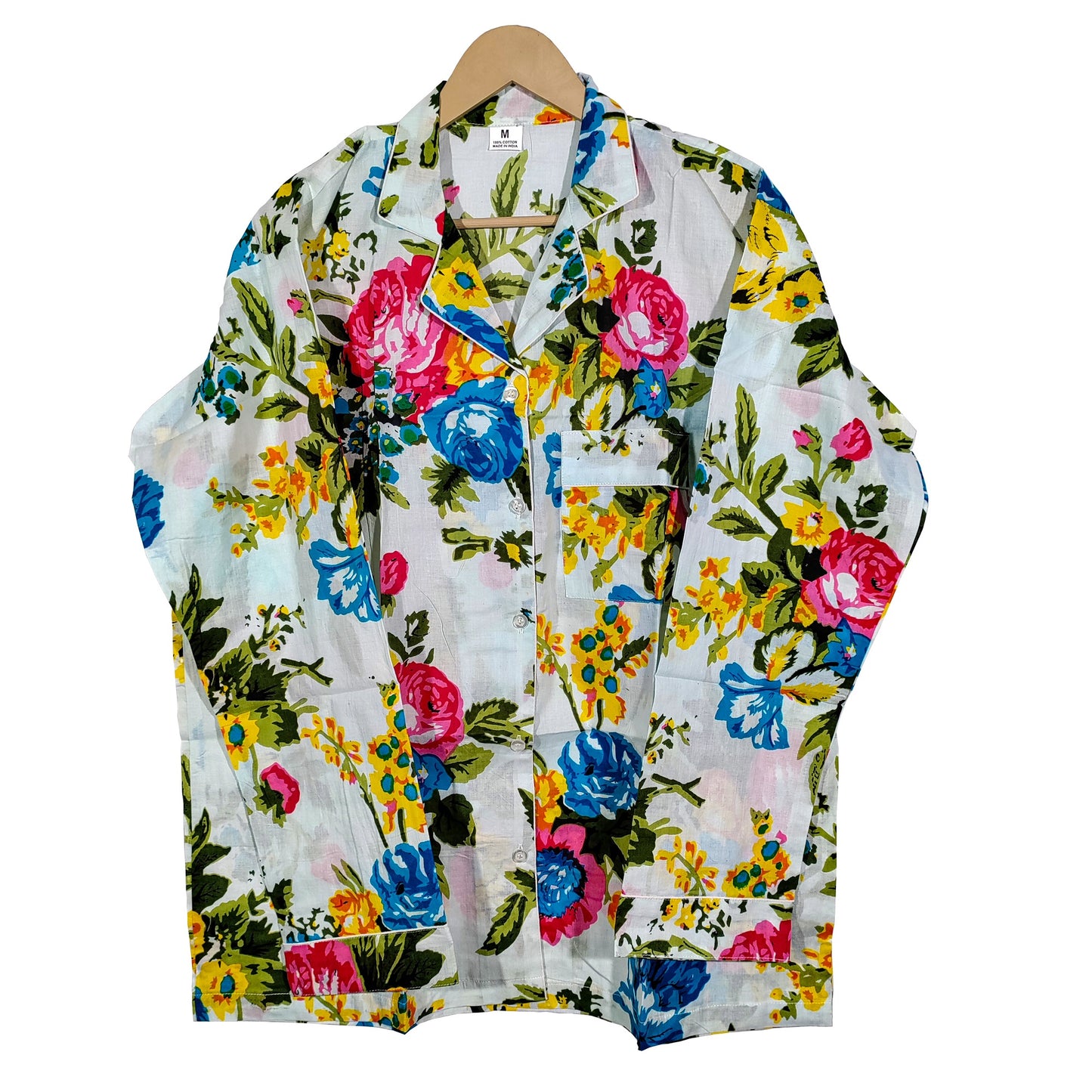 Women Lightweight Multi Floral Summer Sleepwear Cotton Soft White Night wear Top-Pajama set