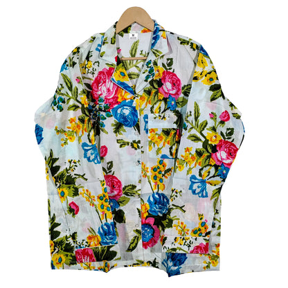 Women Lightweight Multi Floral Summer Sleepwear Cotton Soft White Night wear Top-Pajama set