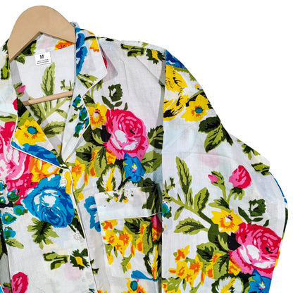 Women Lightweight Multi Floral Summer Sleepwear Cotton Soft White Night wear Top-Pajama set