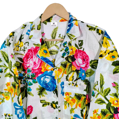 Women Lightweight Multi Floral Summer Sleepwear Cotton Soft White Night wear Top-Pajama set