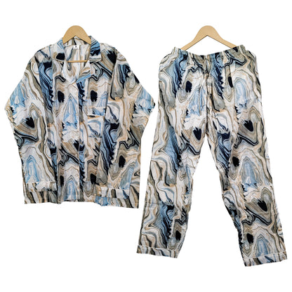 Women Abstract Summer Sleepwear Gypsy Cotton Blue Night wear Top-Pajama set