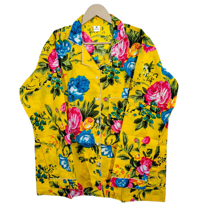 Women Multi Floral Summer Yellow Sleepwear Cotton Soft Night wear Lightweight Top-Pajama set