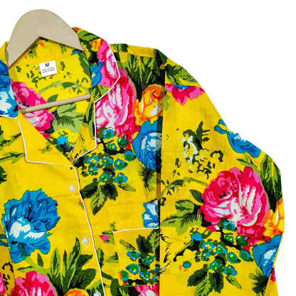 Women Multi Floral Summer Yellow Sleepwear Cotton Soft Night wear Lightweight Top-Pajama set