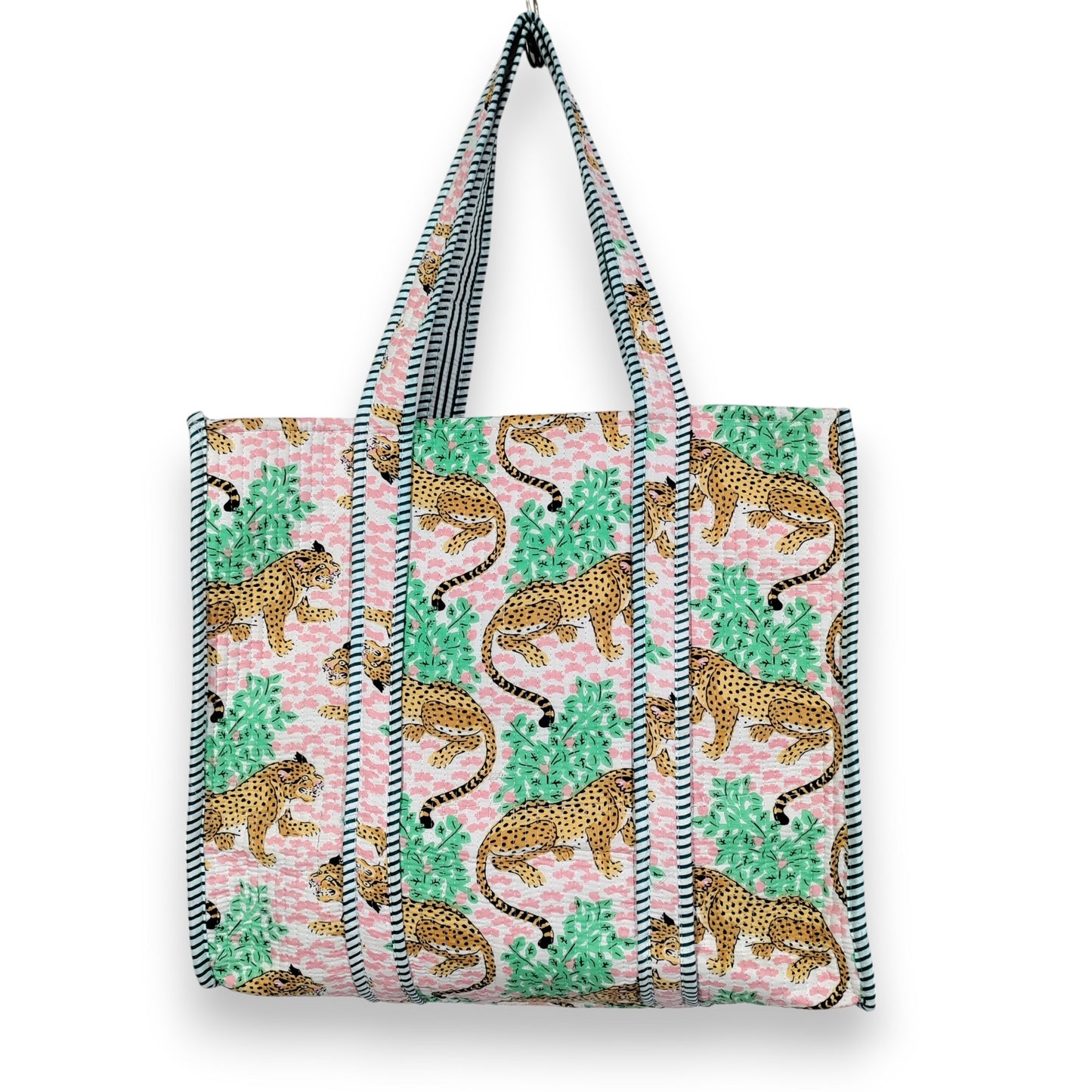 Women Cotton Baagh Tiger Printed Shopping Grocery & Beach Quilted Bag Shoulder Travel Tote Bag Gift for Her - Handicraft Trend