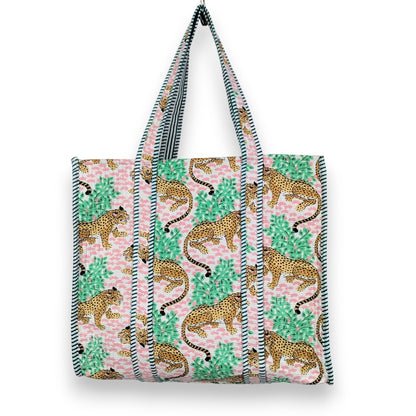 Women Cotton Baagh Tiger Printed Shopping Grocery & Beach Quilted Bag Shoulder Travel Tote Bag Gift for Her - Handicraft Trend