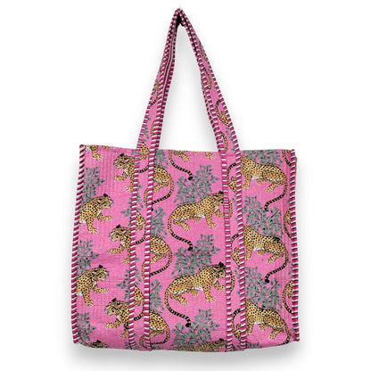 Women Cotton Baagh Tiger Printed Shopping Grocery & Beach Quilted Bag Shoulder Travel Tote Bag Gift for Her - Handicraft Trend