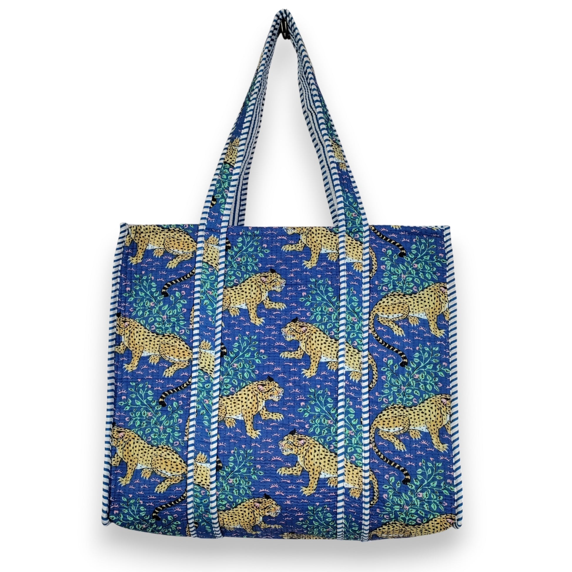 Women Cotton Baagh Tiger Printed Shopping Grocery & Beach Quilted Bag Shoulder Travel Tote Bag Gift for Her - Handicraft Trend