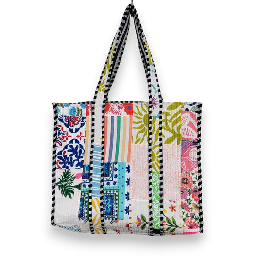 Women Cotton White Multi Beach Quilted Bag Shoulder Travel Tote Bag - Handicraft Trend