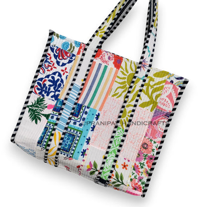 Women Cotton White Multi Beach Quilted Bag Shoulder Travel Tote Bag - Handicraft Trend