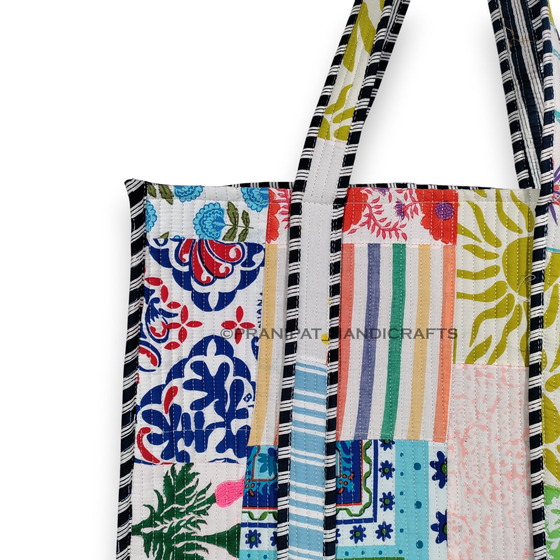 Women Cotton White Multi Beach Quilted Bag Shoulder Travel Tote Bag - Handicraft Trend