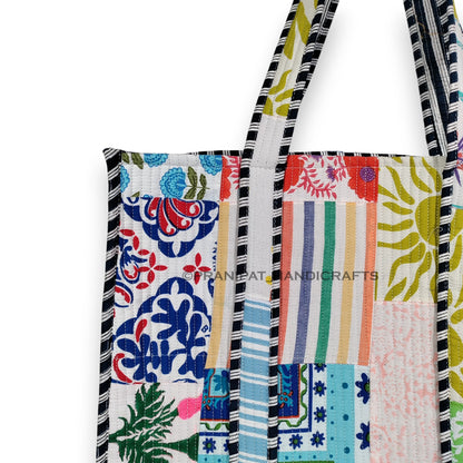Women Cotton White Multi Beach Quilted Bag Shoulder Travel Tote Bag - Handicraft Trend