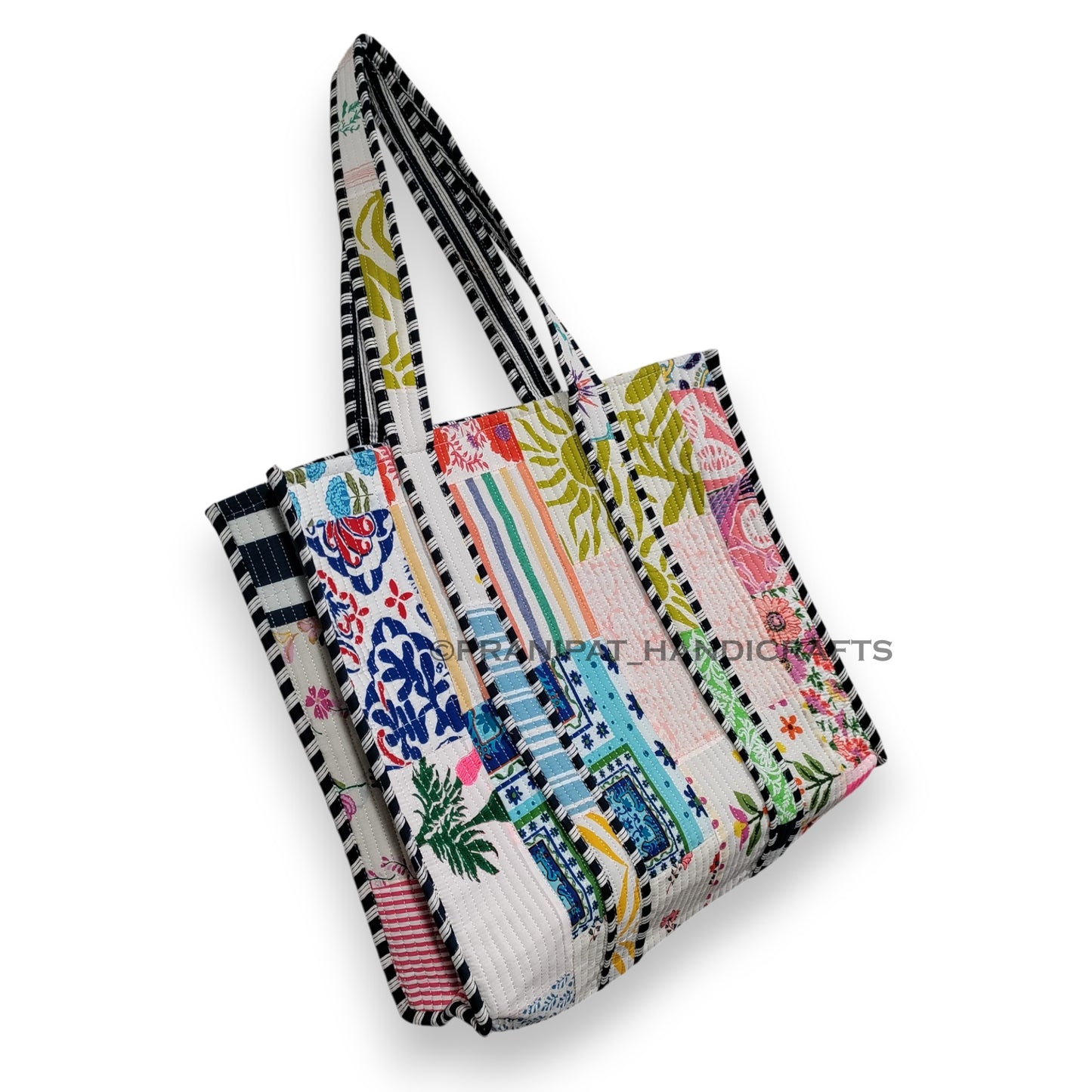 Women Cotton White Multi Beach Quilted Bag Shoulder Travel Tote Bag - Handicraft Trend