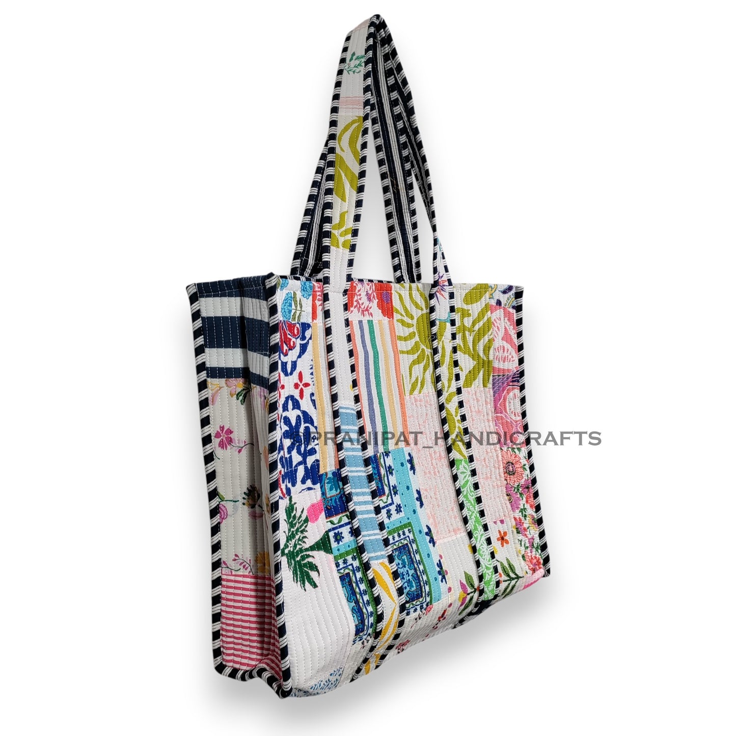 Women Cotton White Multi Beach Quilted Bag Shoulder Travel Tote Bag - Handicraft Trend